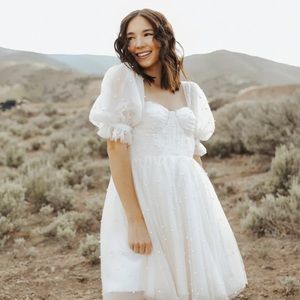 Ava Gowns Ivory pearl puff sleeve dress